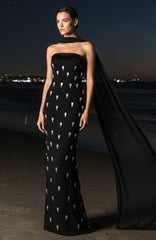 Strapless Crystal Detail Scarf Maxi Dress Black