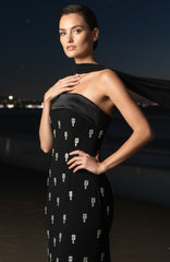Strapless Crystal Detail Scarf Maxi Dress Black