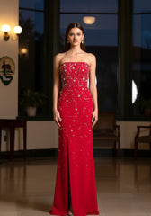 Strapless Crystal Embellished Maxi Dress Red