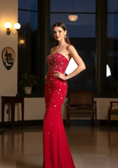 Strapless Crystal Embellished Maxi Dress Red