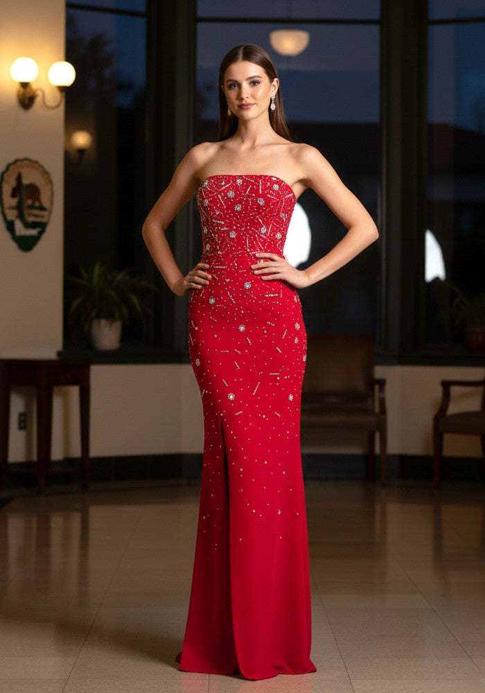 Strapless Crystal Embellished Maxi Dress Red