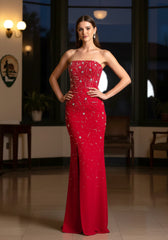 Strapless Crystal Embellished Maxi Dress Red
