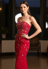 Strapless Crystal Embellished Maxi Dress Red