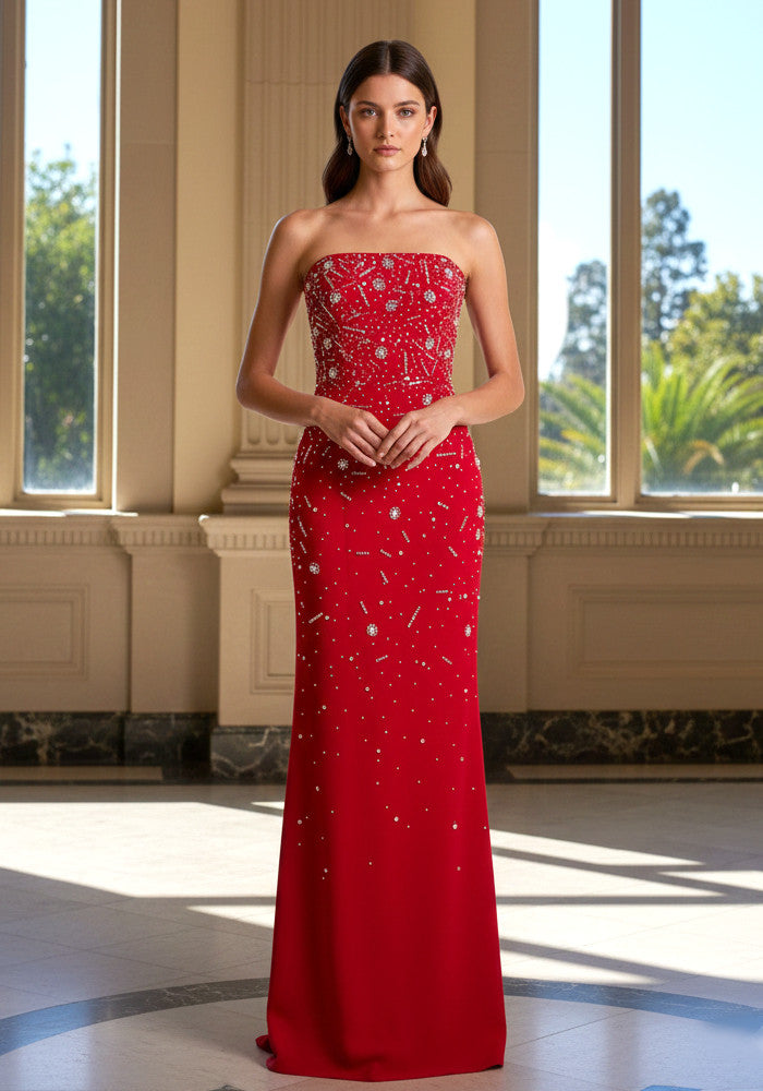 Strapless Crystal Embellished Maxi Dress Red