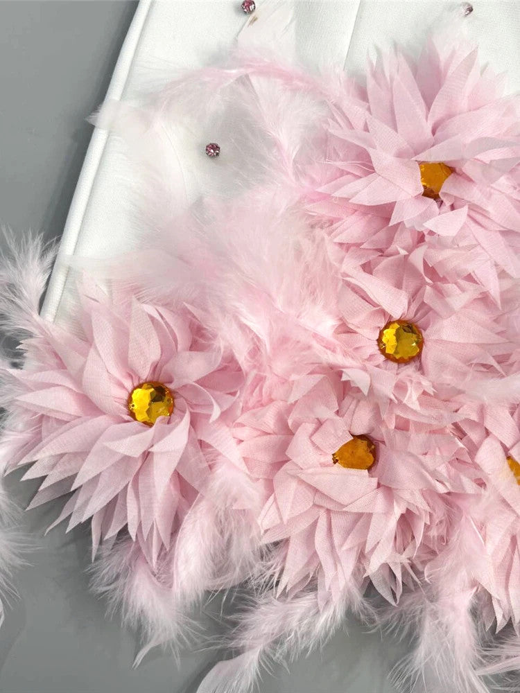 Strapless Crystal Floral Feather Hem Dress White Pink