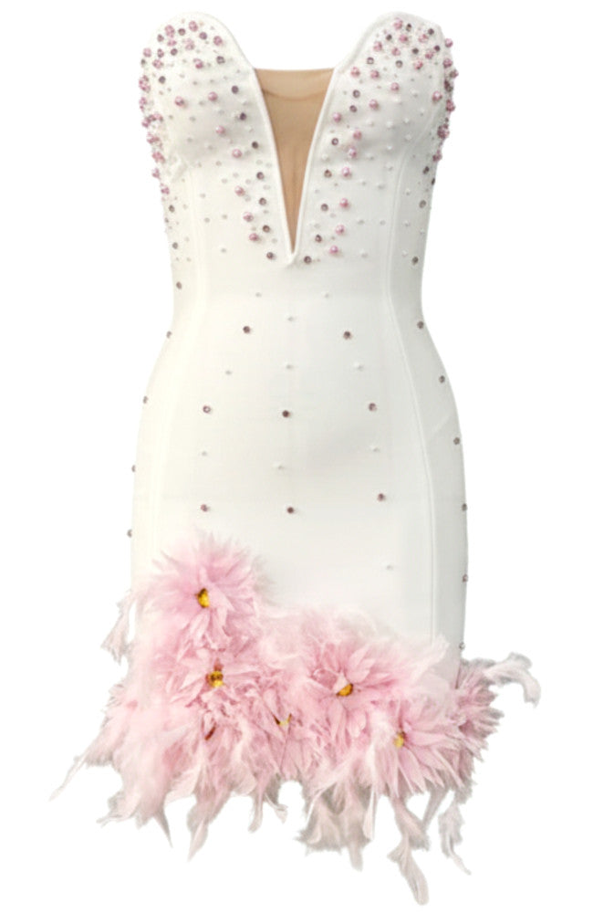 Strapless Crystal Floral Feather Hem Dress White Pink