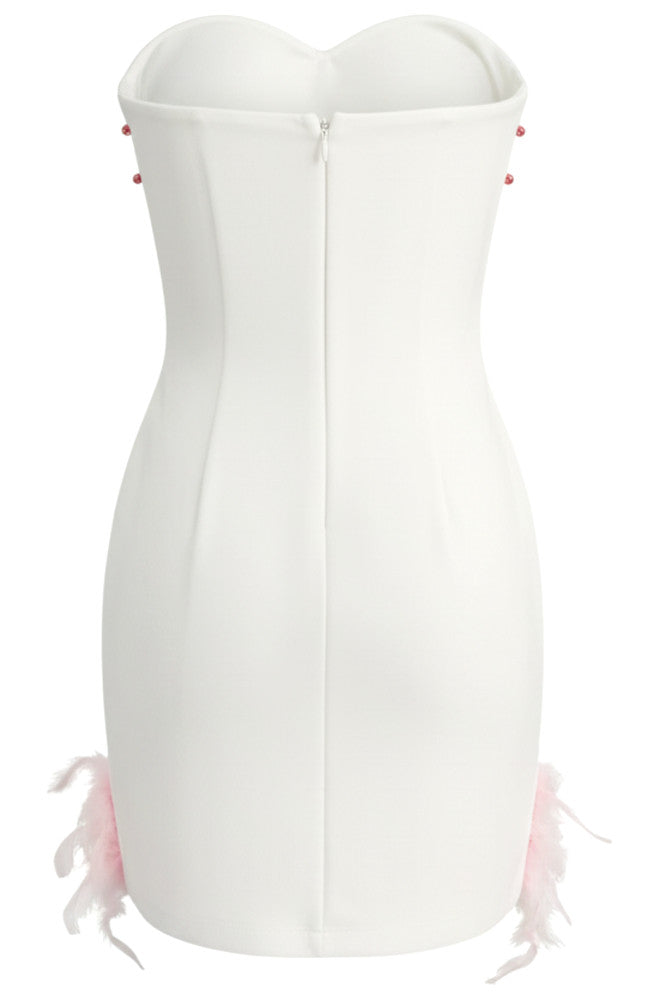 Strapless Crystal Floral Feather Hem Dress White Pink