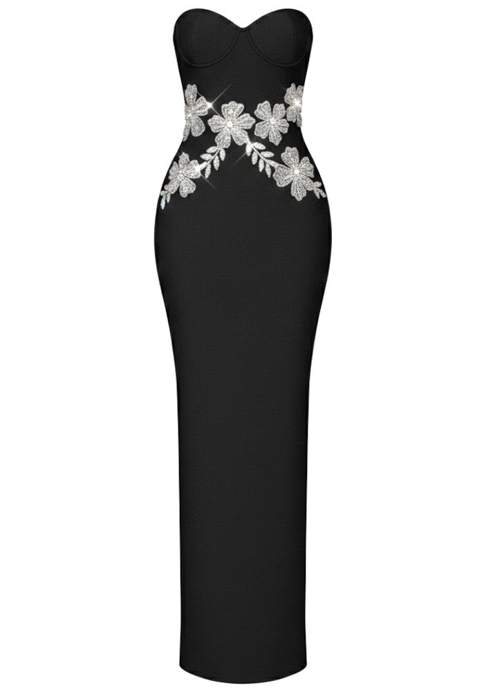 Strapless Crystal Floral Maxi Dress Black