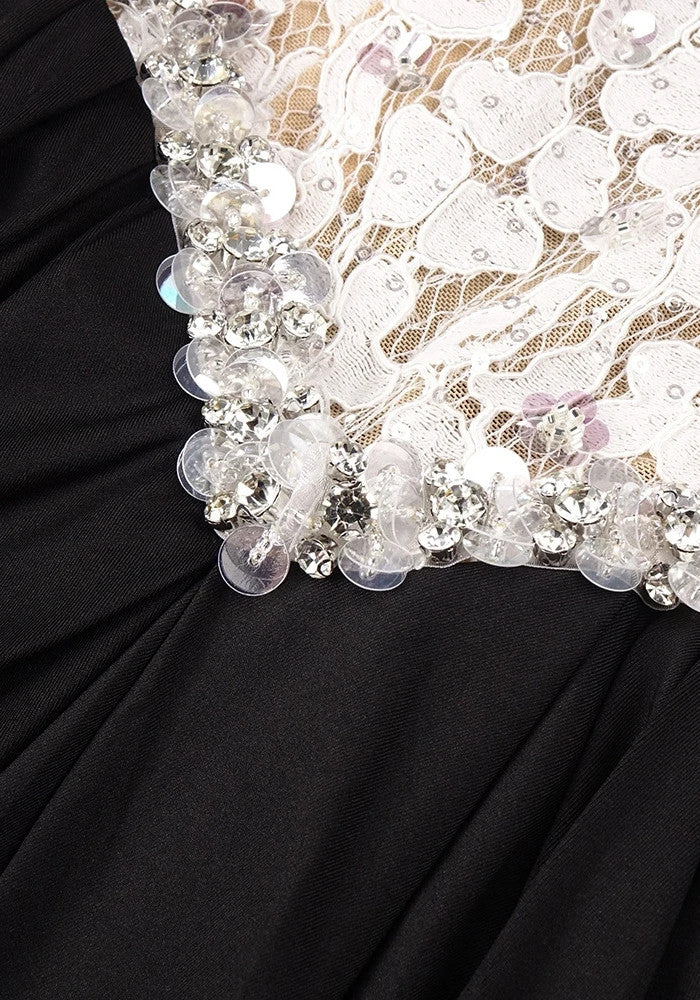 Strapless Crystal Lace Corset Maxi Dress Black White