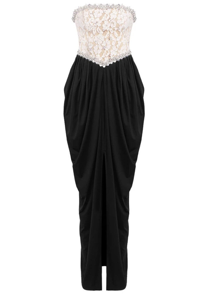 Strapless Crystal Lace Corset Maxi Dress Black White