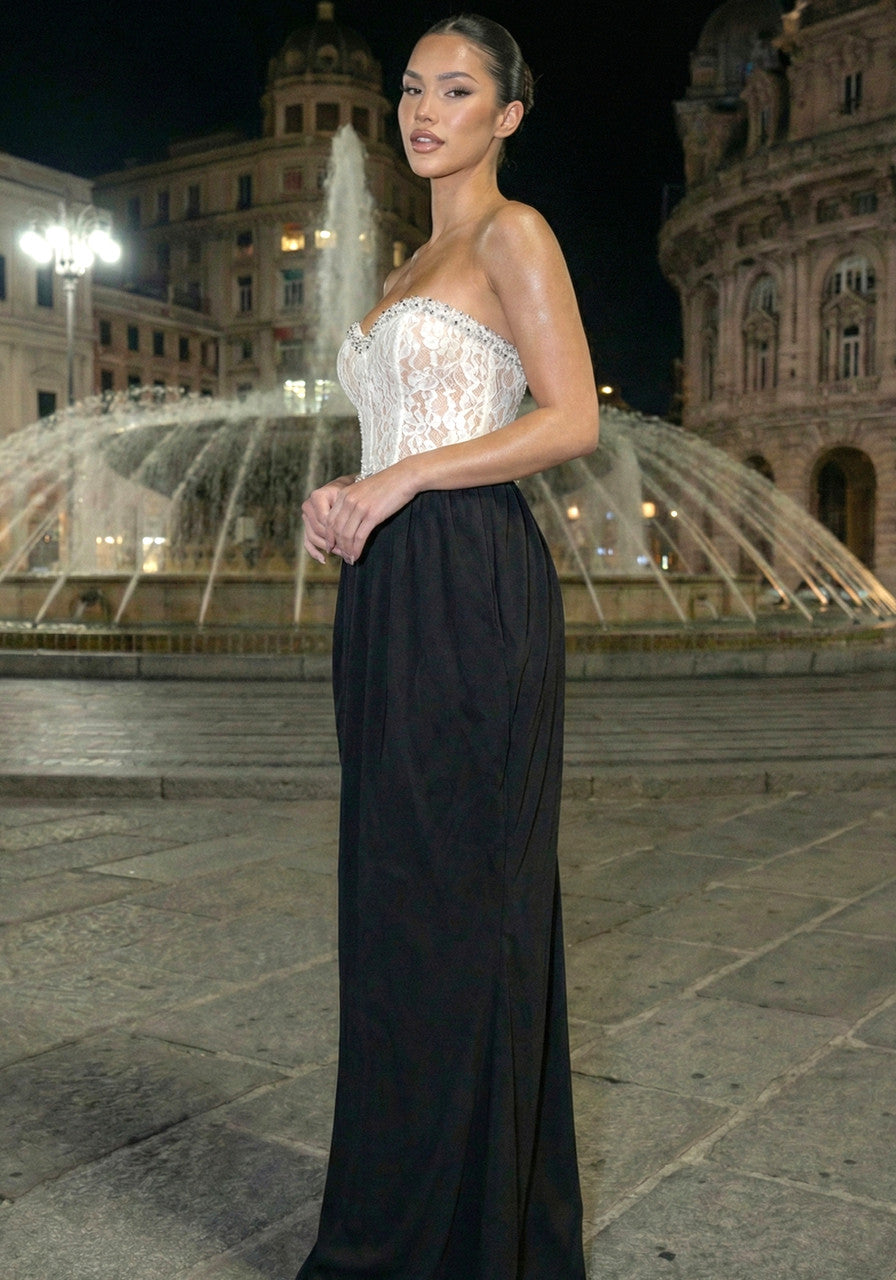 Strapless Crystal Lace Corset Maxi Dress Black White