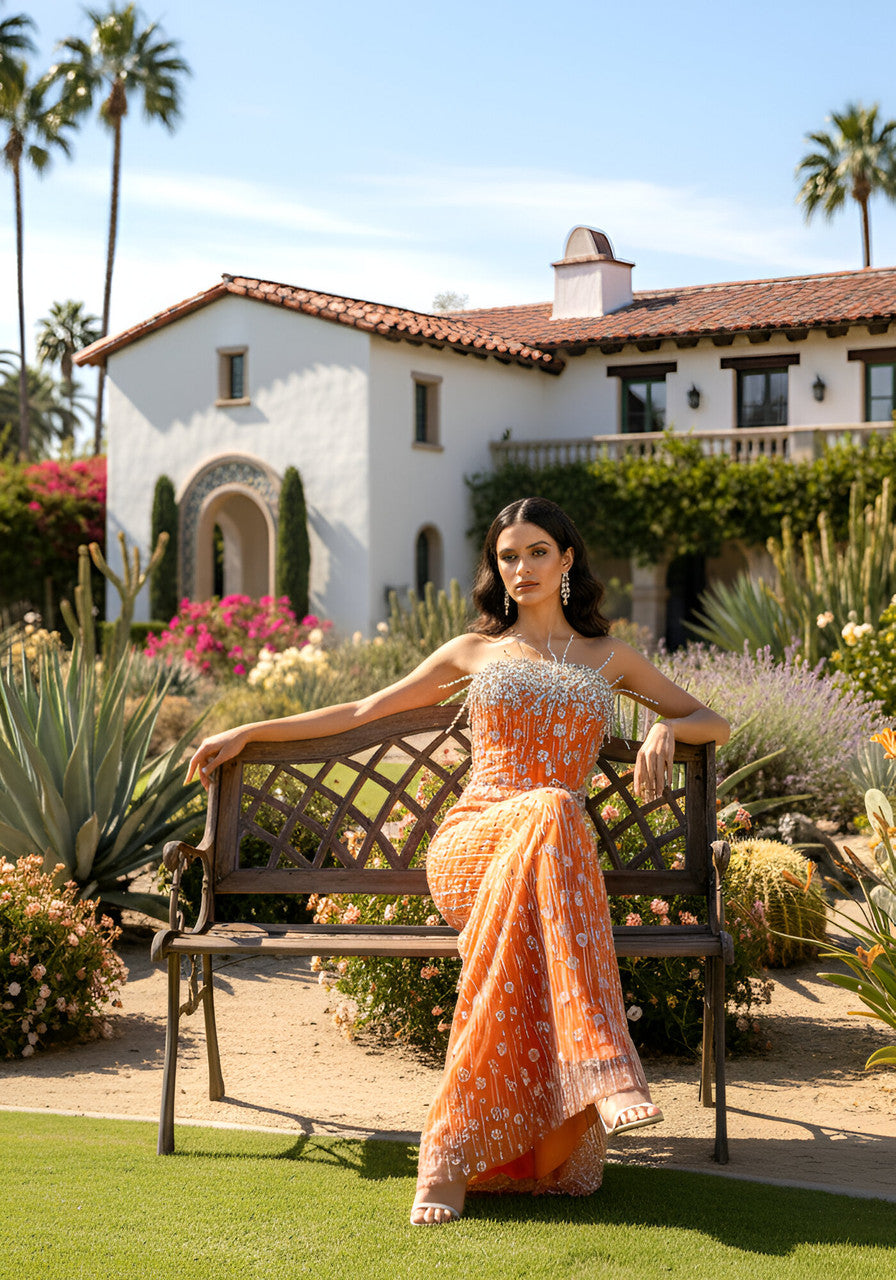 Strapless Crystal Maxi Dress Orange
