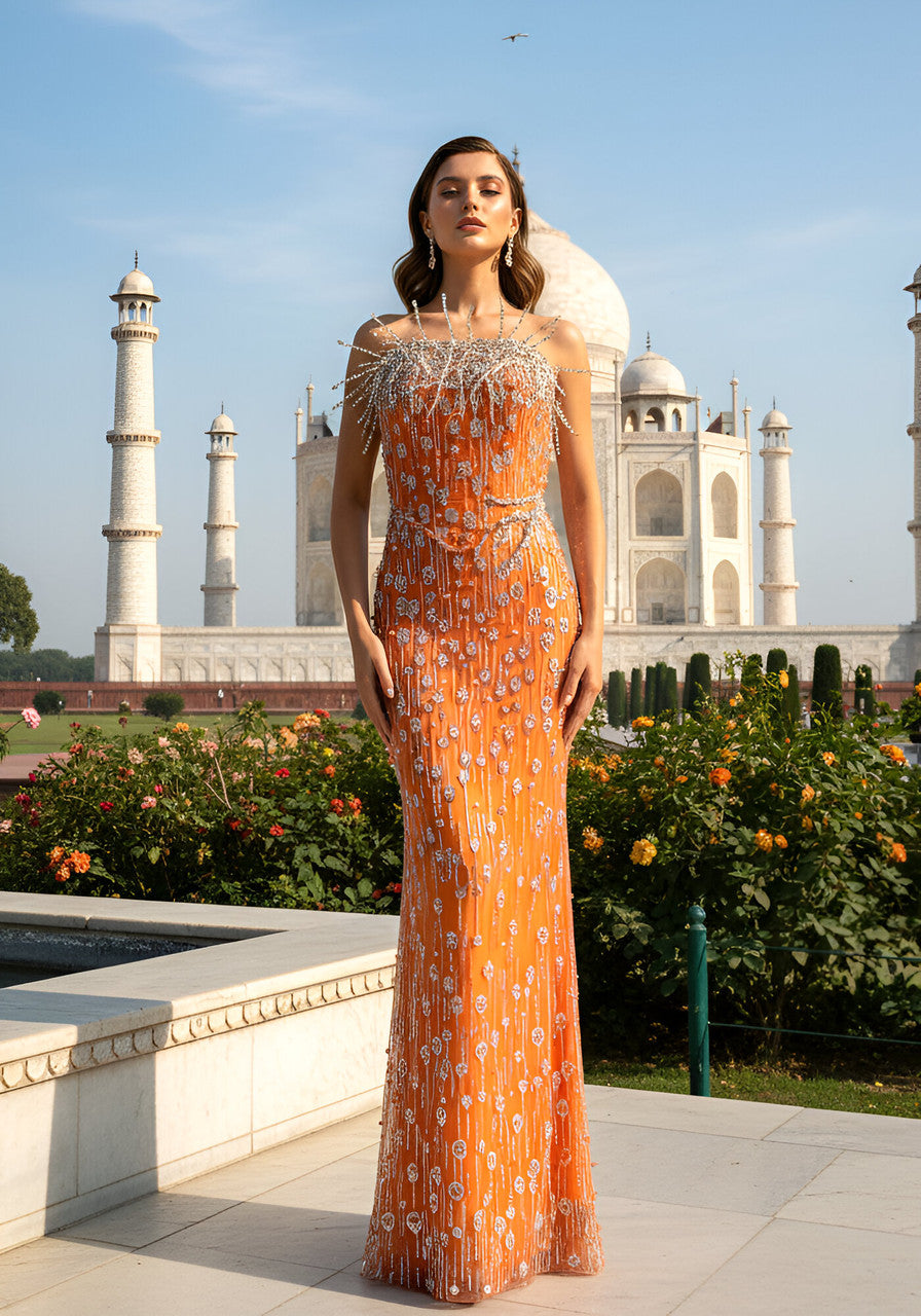 Strapless Crystal Maxi Dress Orange