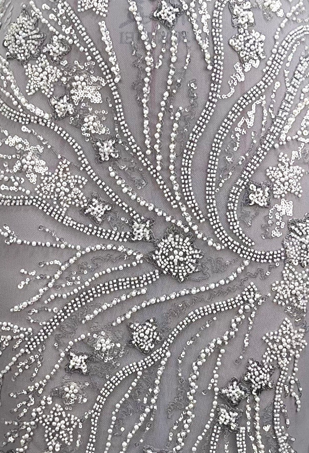 Strapless Floral Crystal Maxi Dress Silver