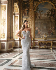 Strapless Floral Crystal Maxi Dress Silver