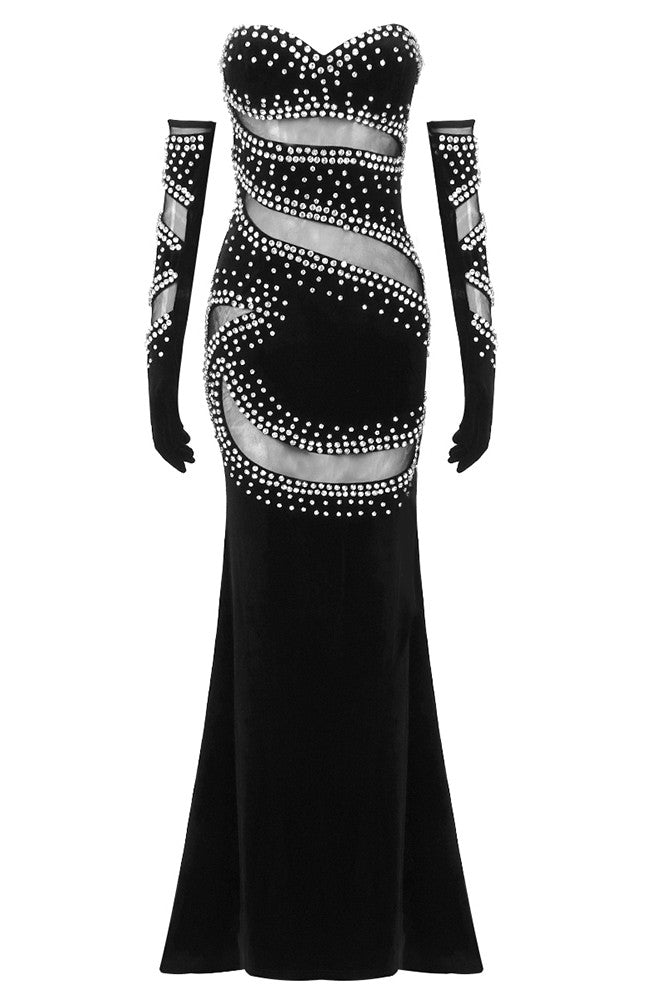 Strapless Crystal Mesh Maxi Velvet Dress Black