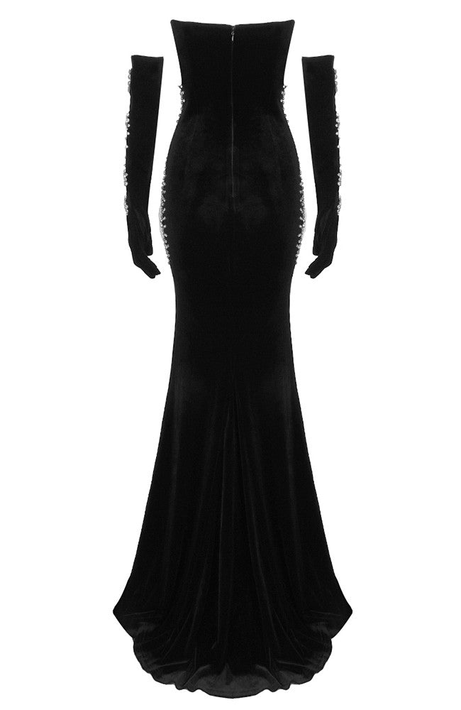 Strapless Crystal Mesh Maxi Velvet Dress Black
