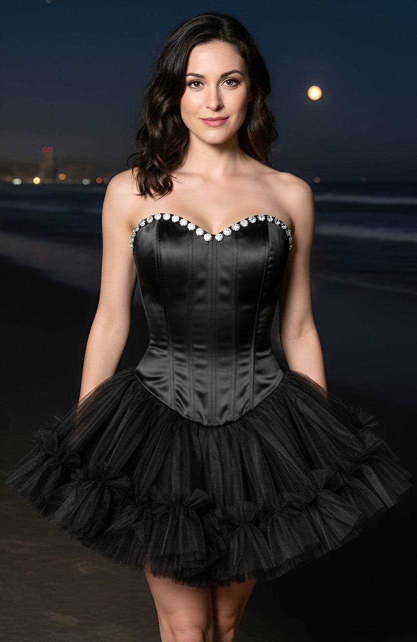 Strapless Crystal Mesh A Line Dress Black