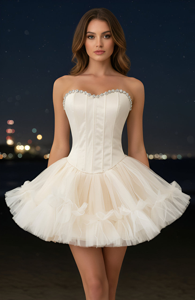 Strapless Crystal Mesh A Line Dress Ivory