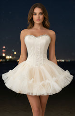 Strapless Crystal Mesh A Line Dress Ivory
