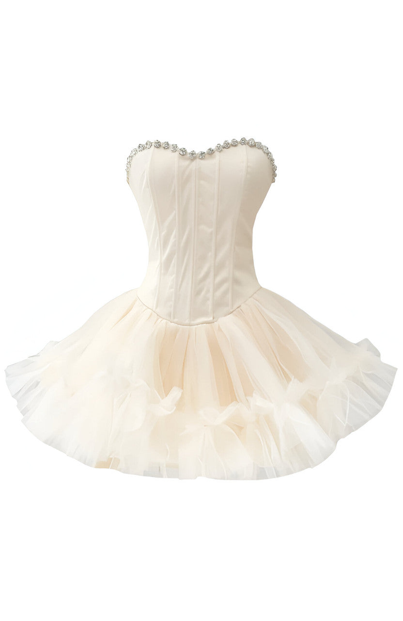Strapless Crystal Mesh A Line Dress Ivory