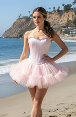 Strapless Crystal Mesh A Line Dress Pink