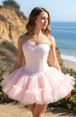Strapless Crystal Mesh A Line Dress Pink