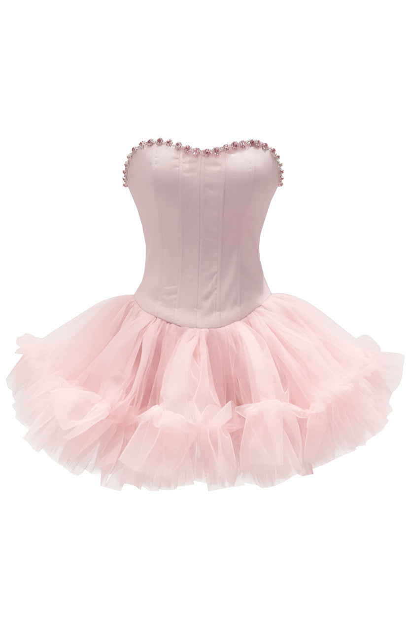 Strapless Crystal Mesh A Line Dress Pink