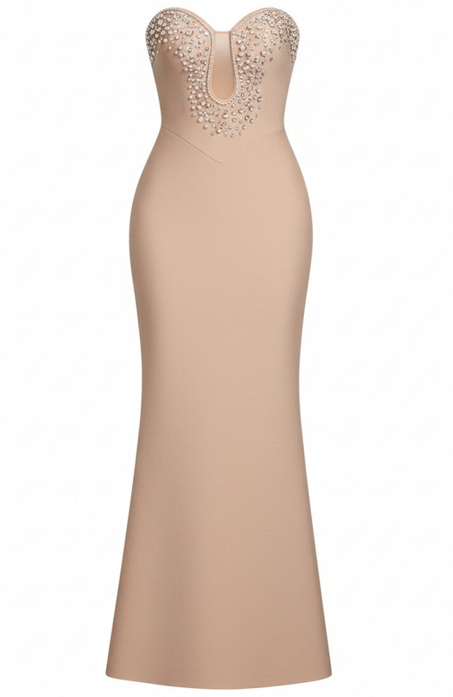 Strapless Crystal Pearl Detail Maxi Dress Nude