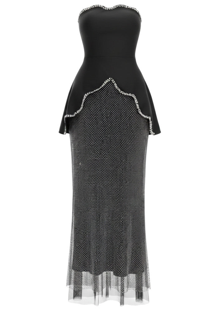 Strapless Crystal Trim Peplum Maxi Dress Black