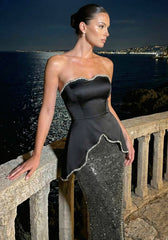 Strapless Crystal Trim Peplum Maxi Dress Black