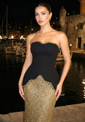 Strapless Crystal Trim Peplum Maxi Dress Gold