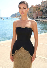Strapless Crystal Trim Peplum Maxi Dress Gold