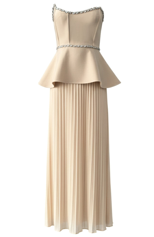 Strapless Crystal Peplum Pleated Midi Dress Nude