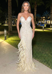Strapless Crystal Sequin Feather Maxi Dress Ivory