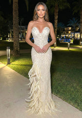 Strapless Crystal Sequin Feather Maxi Dress Ivory