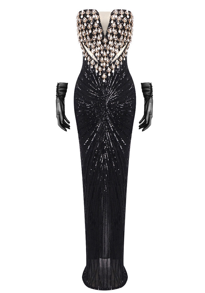 Strapless Crystal Sequin Maxi Dress Black