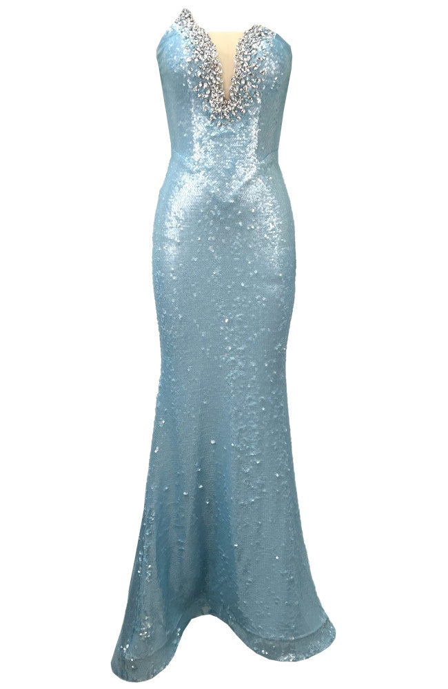 Strapless Crystal Sequin Maxi Dress Light Blue