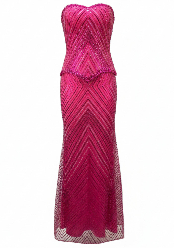Strapless Crystal Sequin Maxi Dress Hot Pink