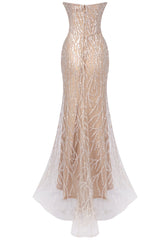 Strapless Crystal Pearl Sequin Maxi Dress Nude