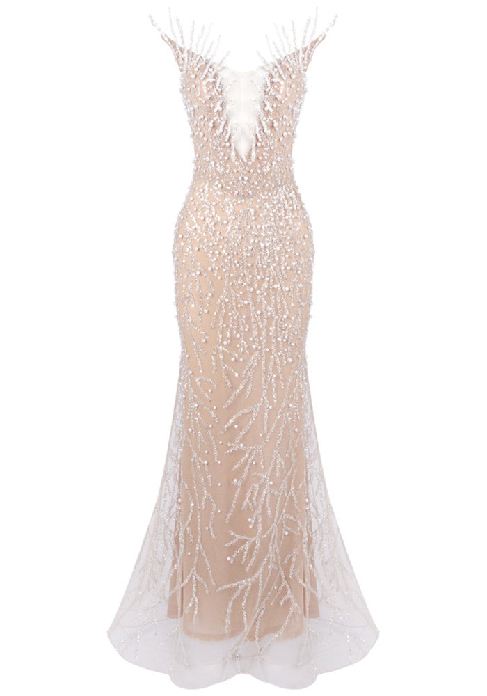 Strapless Crystal Pearl Sequin Maxi Dress Nude