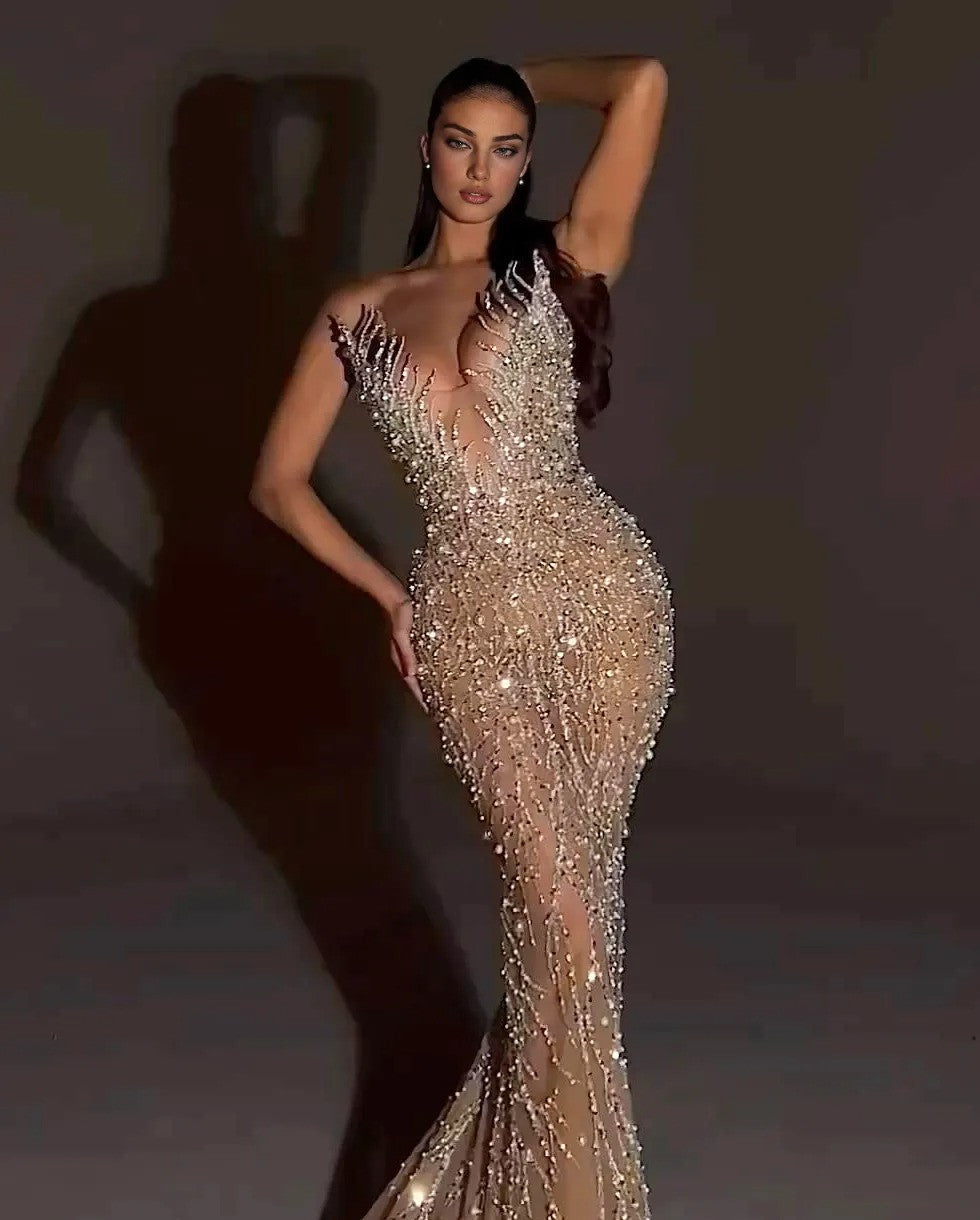Strapless Crystal Pearl Sequin Maxi Dress Nude