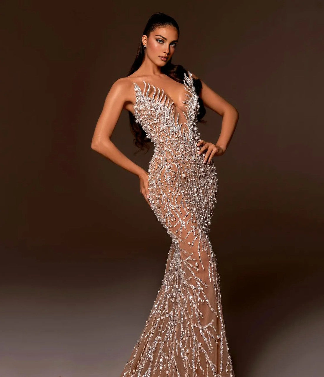 Strapless Crystal Pearl Sequin Maxi Dress Nude