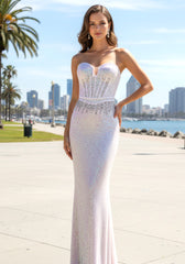 Strapless Bustier Crystal Sequin Maxi Dress Pink