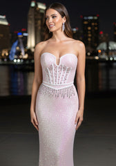 Strapless Bustier Crystal Sequin Maxi Dress Pink