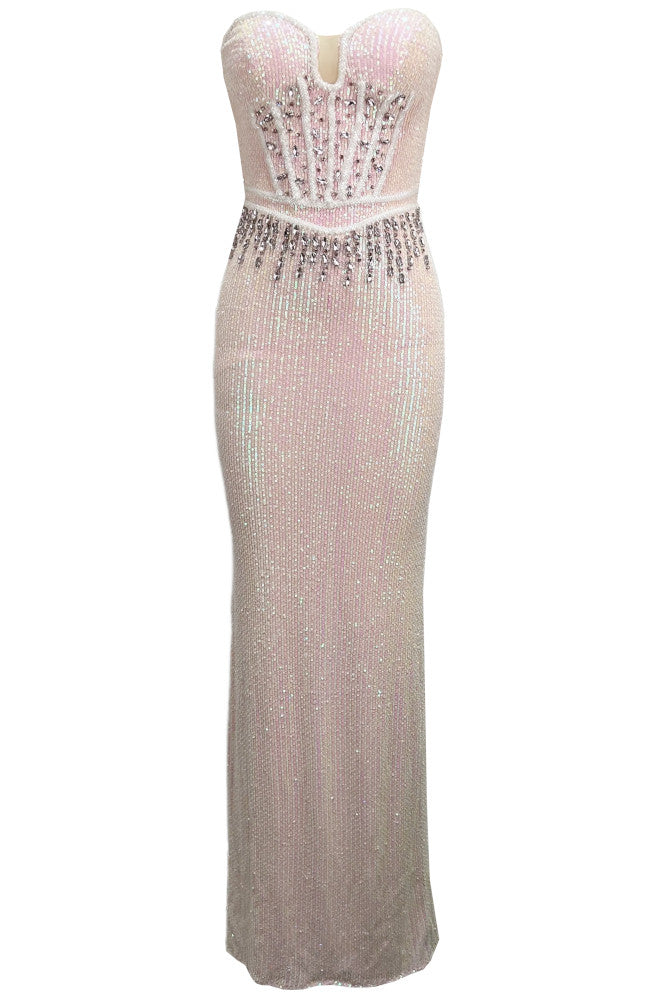 Strapless Bustier Crystal Sequin Maxi Dress Pink