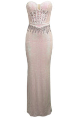 Strapless Bustier Crystal Sequin Maxi Dress Pink