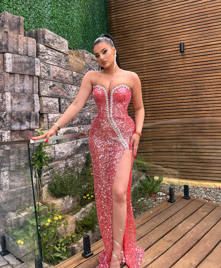 Strapless Crystal Sequin Maxi Dress Watermelon