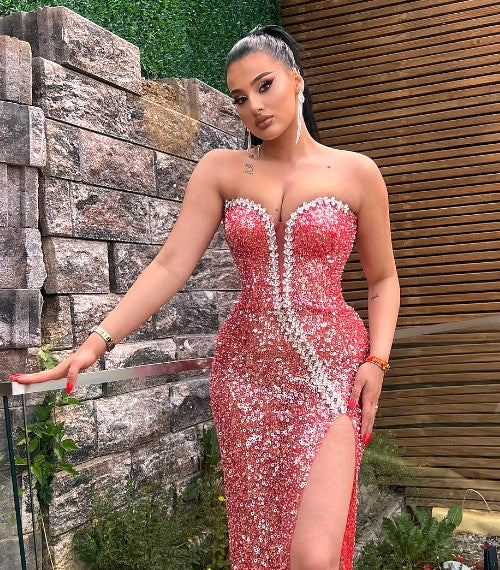 Strapless Crystal Sequin Maxi Dress Watermelon
