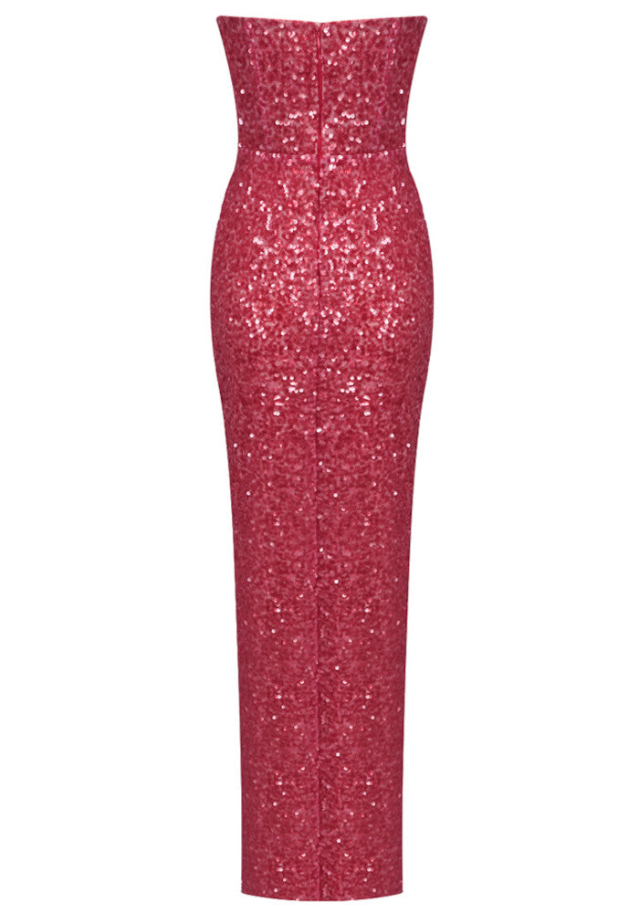 Strapless Crystal Sequin Maxi Dress Watermelon